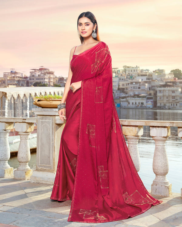 Vishal Prints Cherry Red Satin Saree With Stone Work