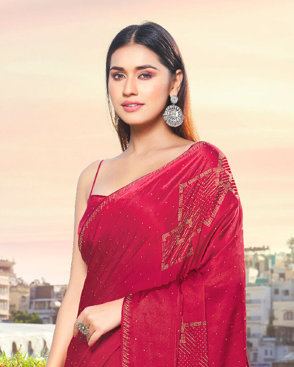 Vishal Prints Cherry Red Satin Saree With Stone Work