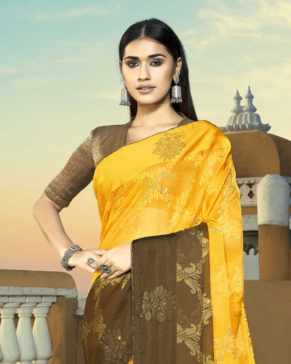 Vishal Prints Dark Yellow Brasso Saree With Foil Print And Stone Work