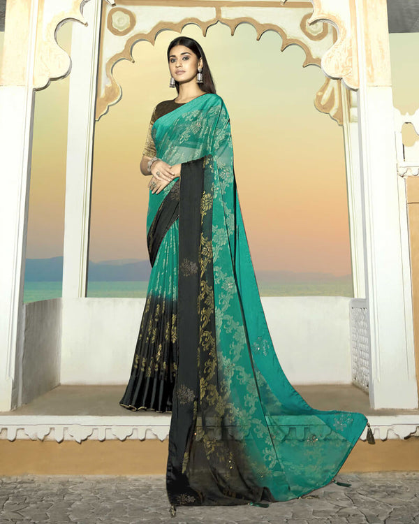 Vishal Prints Aqua Green Brasso Saree With Foil Print And Stone Work