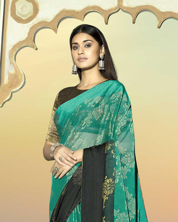 Vishal Prints Aqua Green Brasso Saree With Foil Print And Stone Work