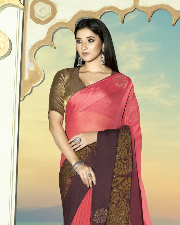 Vishal Prints Coral Brasso Saree With Foil Print And Stone Work