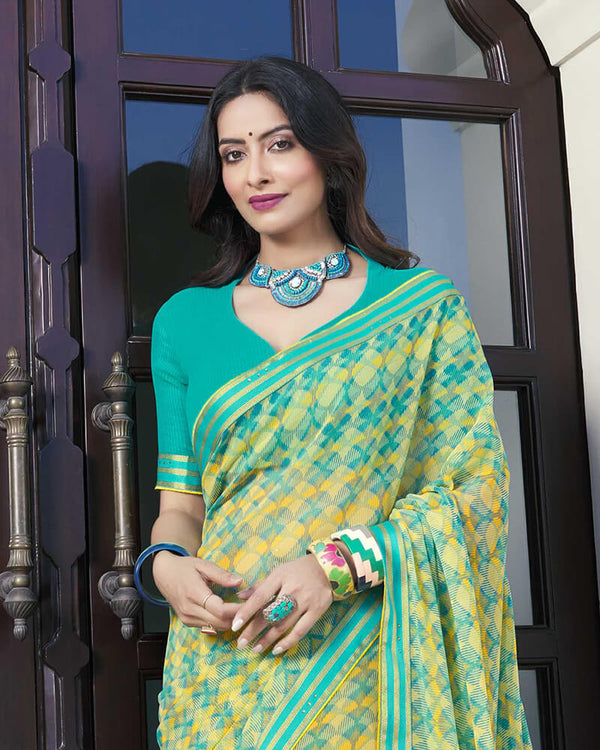 Vishal Prints Aqua Green Printed Georgette Saree With Border