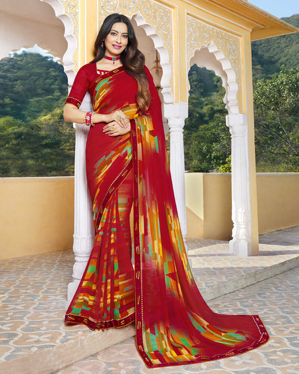 Vishal Prints Cherry Red Printed Georgette Saree With Fancy Lace Border