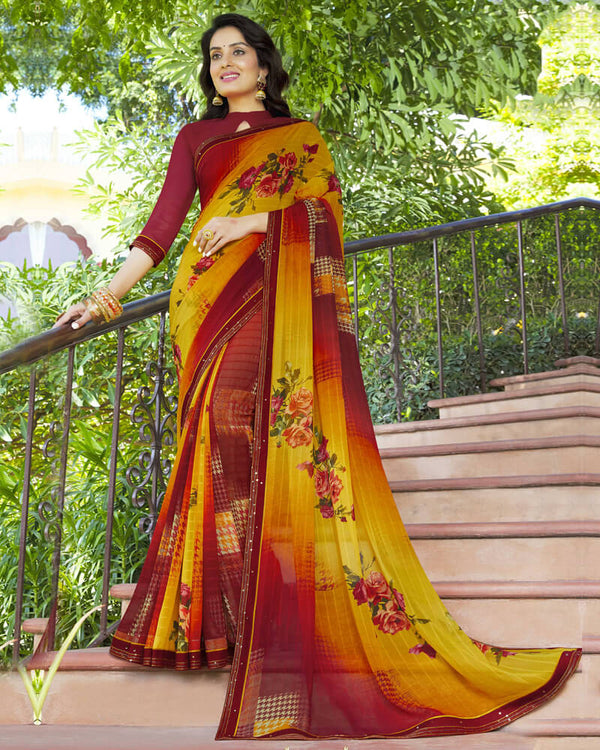 Vishal Prints Brick Red Printed Georgette Saree With Fancy Lace Border