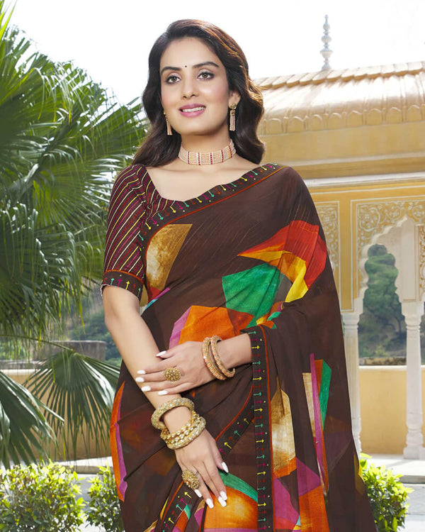 Vishal Prints Brown Printed Georgette Saree With Fancy Lace Border