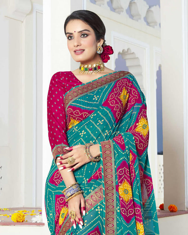 Vishal Prints Teal Blue Bandhani Print Georgette Saree