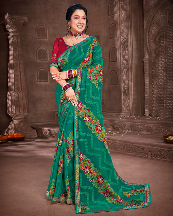 Vishal Prints Teal Green Brasso Saree With Foil Print And Jari Piping