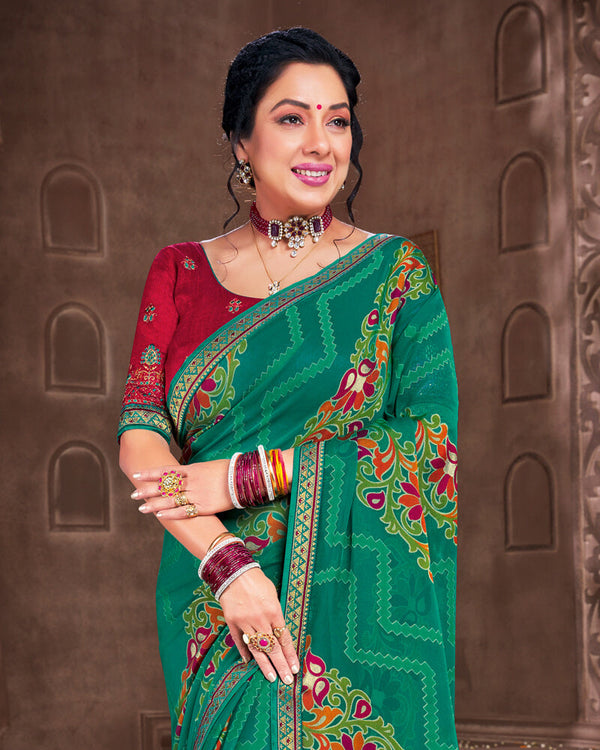 Vishal Prints Teal Green Brasso Saree With Foil Print And Jari Piping