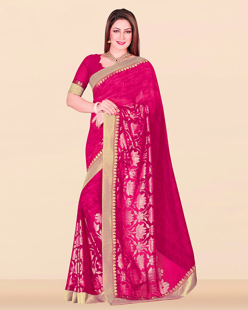 Vishal Prints Hot Pink Georgette Saree With Foil Print And Jari Border