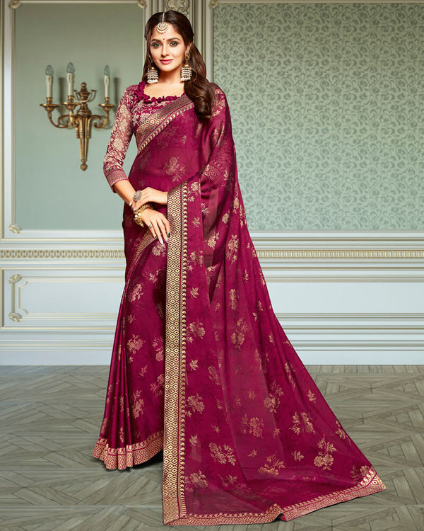 Vishal Prints Wine Chiffon Saree With Foil Print And Jari Border