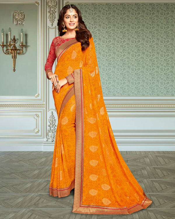 Vishal Prints Yellow Georgette Saree With Foil Print And Jari Border