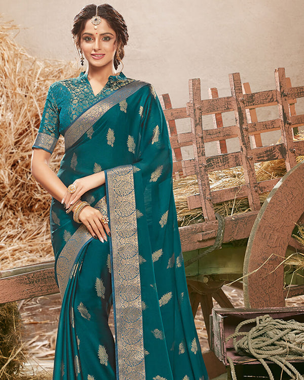 Vishal Prints Peacock Blue Chiffon Saree With Foil Print And Jari Border