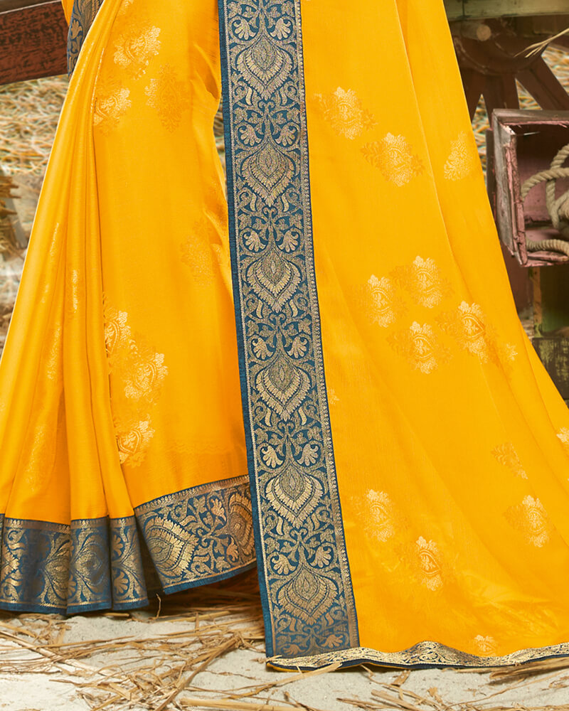 Vishal Prints Orange And Rama Green Chiffon Saree With Foil Print And Jari Border