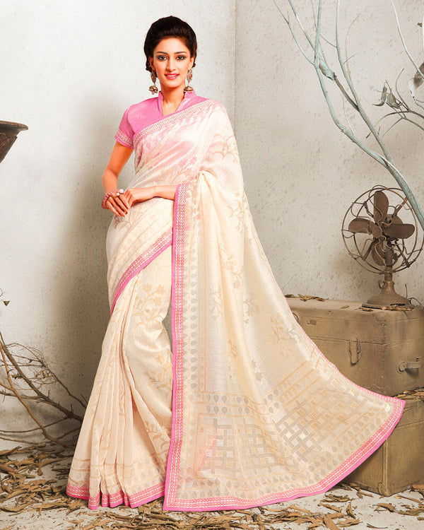 Vishal Prints Off White Brasso Saree With Foil Print And Border