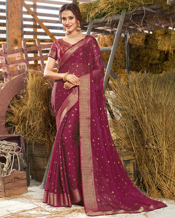 Vishal Prints Maroon Chiffon Saree With Foil Print And Jari Border