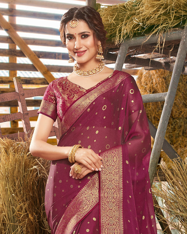 Vishal Prints Maroon Chiffon Saree With Foil Print And Jari Border