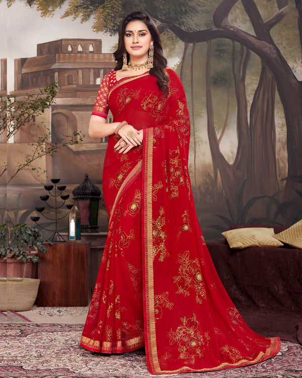 Vishal Prints Cherry Red Georgette Saree With Foil Print And Fancy Border