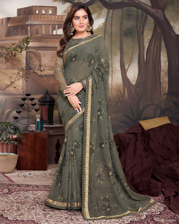 Vishal Prints Charcoal Grey Georgette Saree With Foil Print And Fancy Border