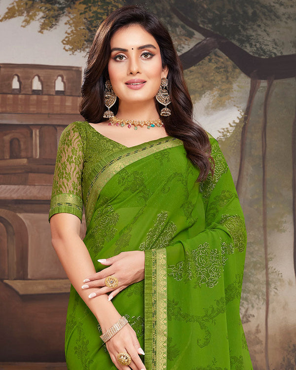 Vishal Prints Green Georgette Saree With Foil Print And Fancy Border