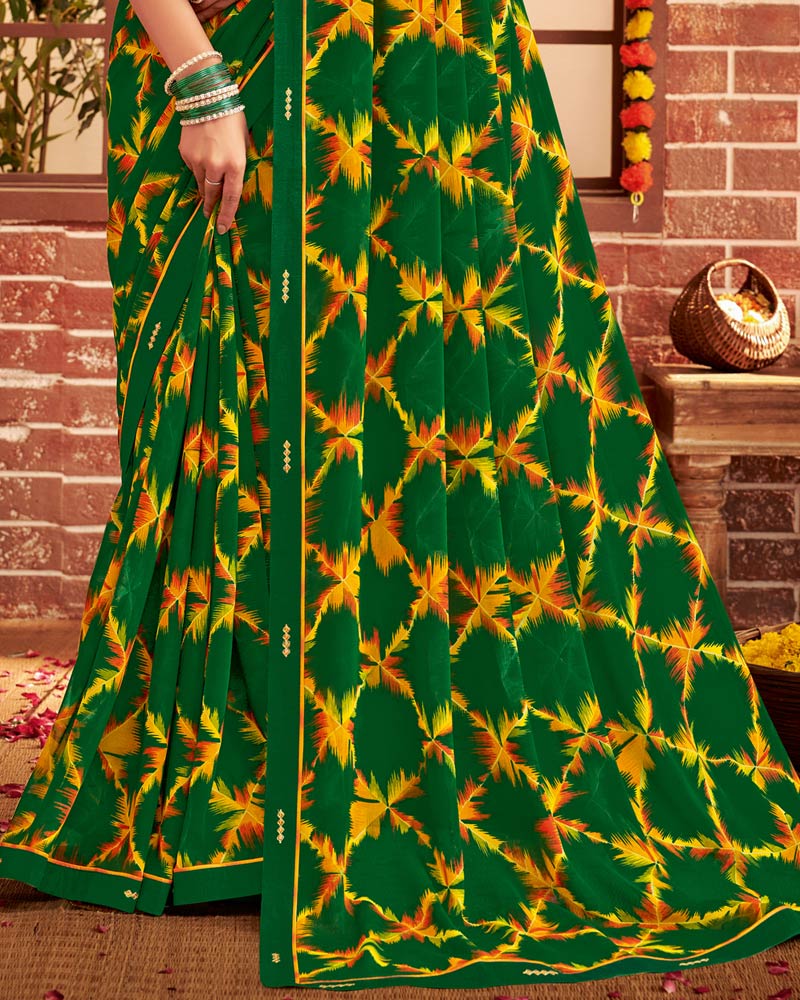 Vishal Prints Bottle Green Printed Georgette Saree With Fancy Border