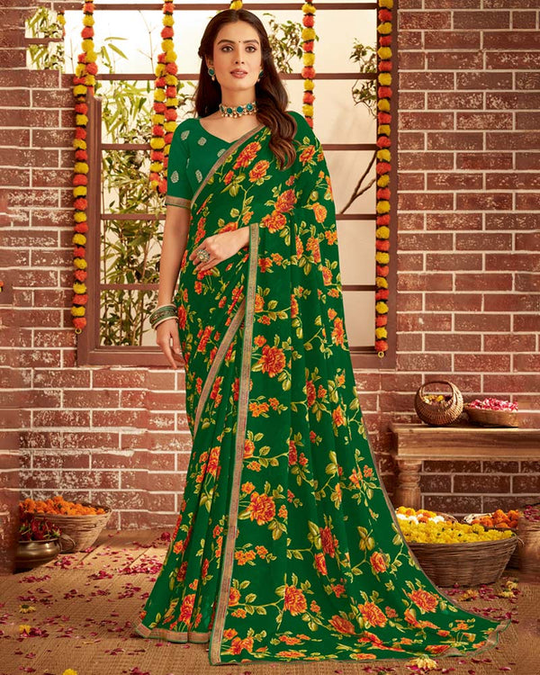 Vishal Prints Bottle Green Printed Georgette Saree With Fancy Border