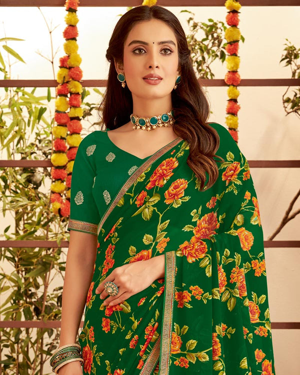 Vishal Prints Bottle Green Printed Georgette Saree With Fancy Border