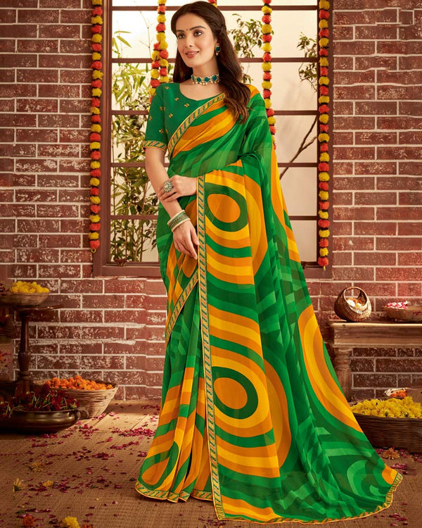 Vishal Prints Green Printed Georgette Saree With Fancy Border