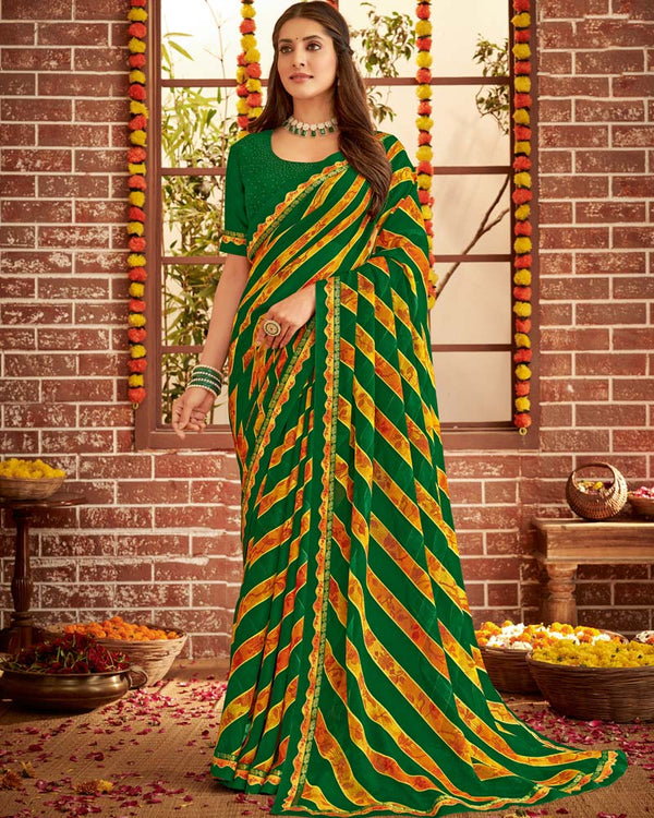 Vishal Prints Dark Green Printed Georgette Saree With Fancy Border