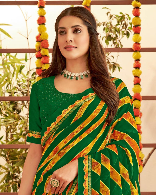 Vishal Prints Dark Green Printed Georgette Saree With Fancy Border