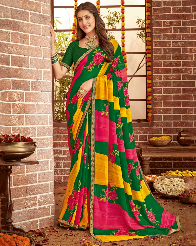 Vishal Prints Dark Green Printed Georgette Saree With Fancy Border