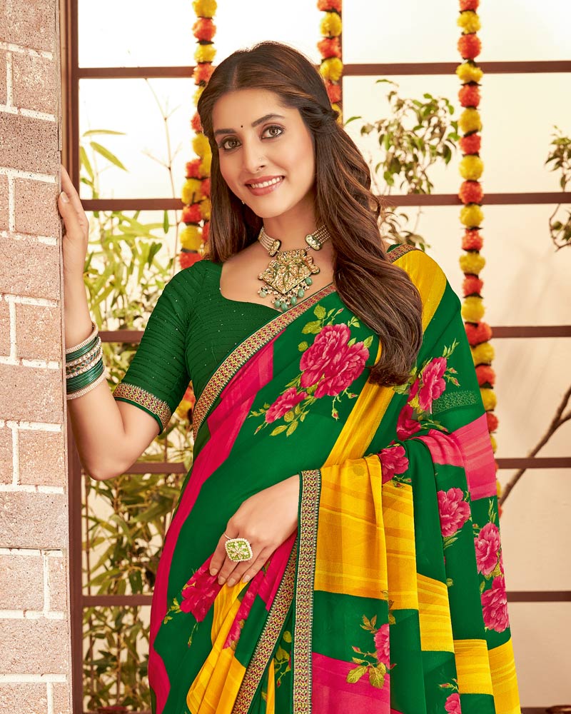 Vishal Prints Dark Green Printed Georgette Saree With Fancy Border