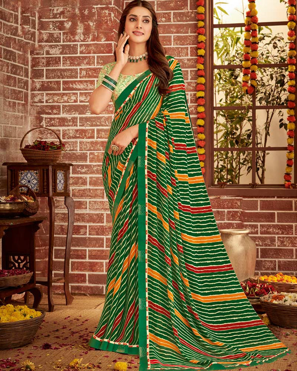 Vishal Prints Dark Green Printed Georgette Saree With Fancy Border