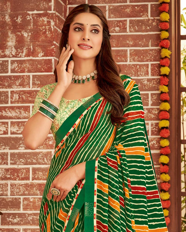 Vishal Prints Dark Green Printed Georgette Saree With Fancy Border