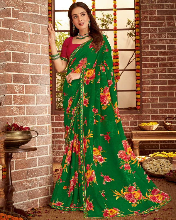 Vishal Prints Dark Green Printed Georgette Saree With Fancy Border