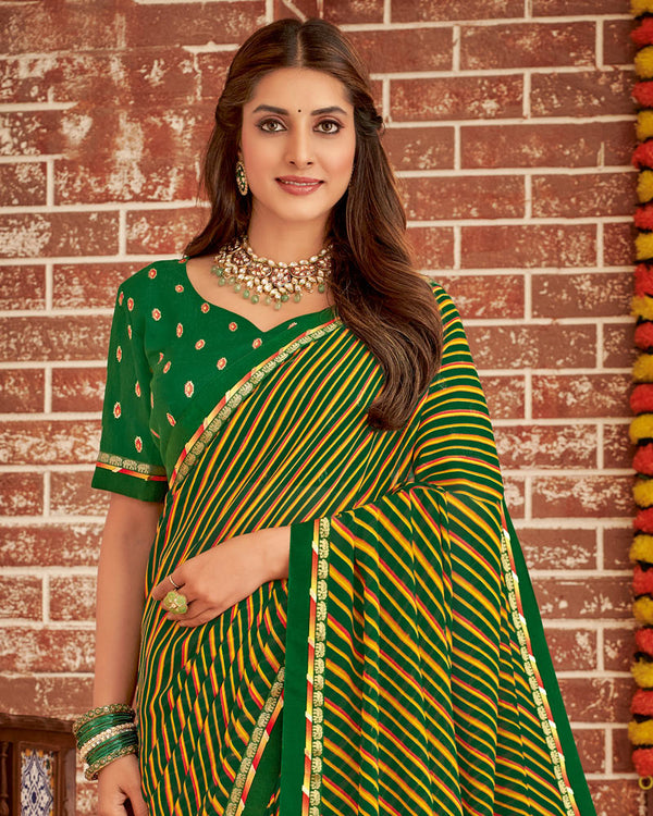 Vishal Prints Dark Green Printed Georgette Saree With Fancy Border