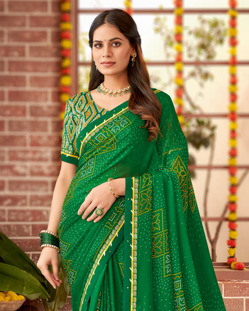 Vishal Prints Dark Green Printed Georgette Saree With Fancy Border