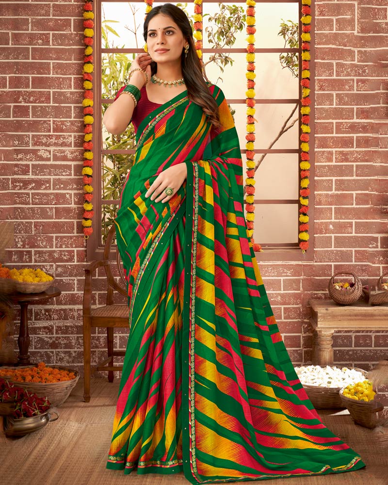 Vishal Prints Dark Green Printed Georgette Saree With Fancy Border