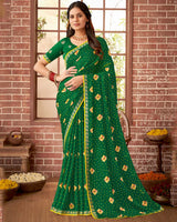 Vishal Prints Dark Green Printed Chiffon Saree With Fancy Border