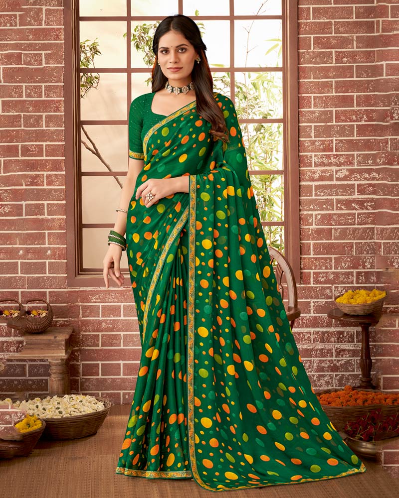 Vishal Prints Dark Green Printed Georgette Saree With Fancy Border