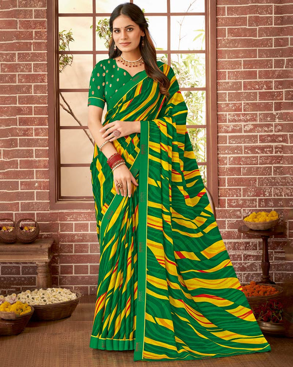 Vishal Prints Dark Green Printed Georgette Saree With Fancy Border