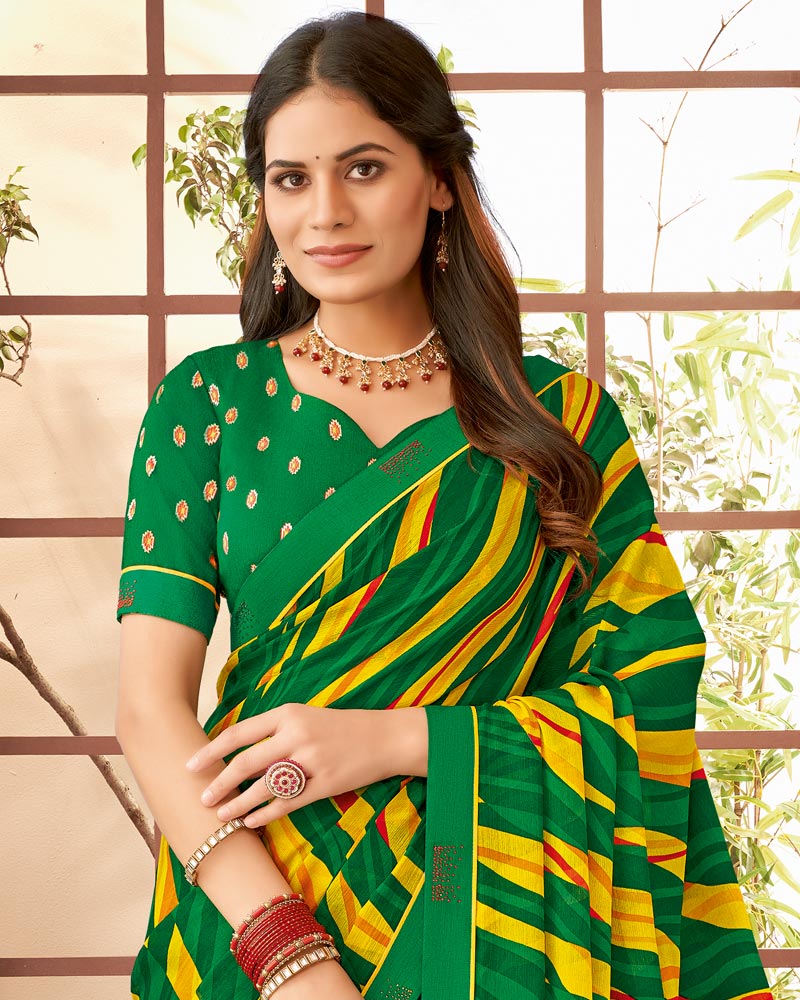 Vishal Prints Dark Green Printed Georgette Saree With Fancy Border