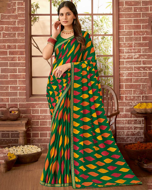 Vishal Prints Dark Green Printed Georgette Saree With Fancy Border