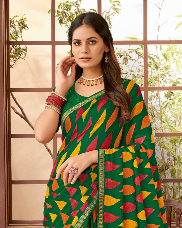 Vishal Prints Dark Green Printed Georgette Saree With Fancy Border