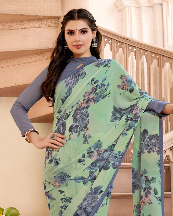 Vishal Prints Turquoise Green Printed Georgette Saree With Satin Piping