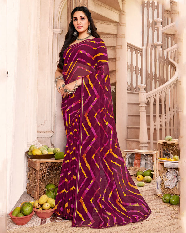 Vishal Prints Wine Printed Georgette Saree With Satin Piping