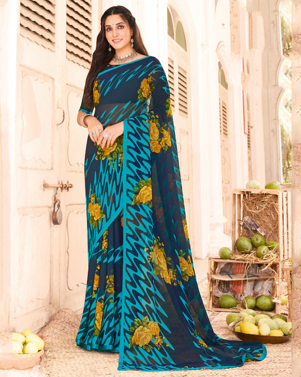 Vishal Prints Peacock Blue Printed Georgette Saree With Satin Piping