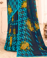 Vishal Prints Peacock Blue Printed Georgette Saree With Satin Piping