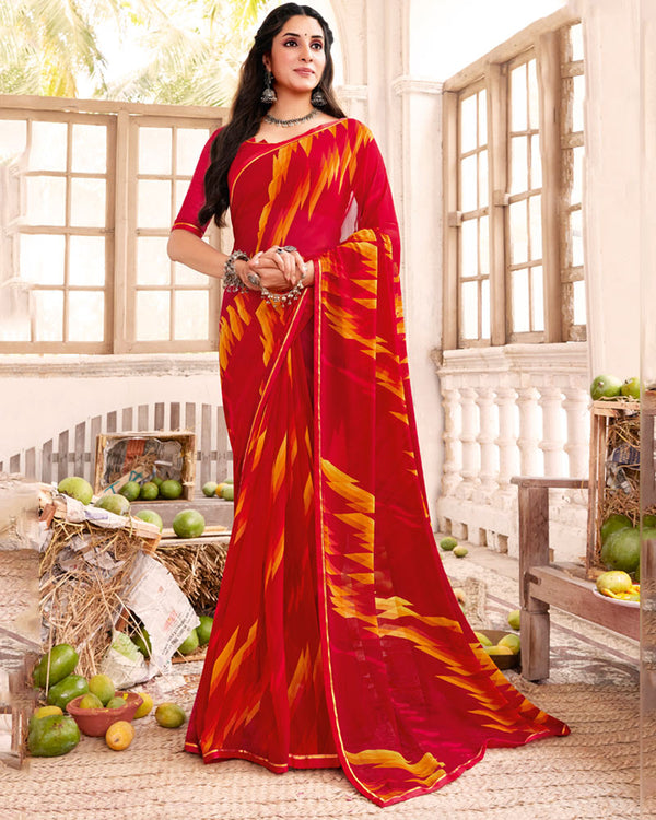 Vishal Prints Cherry Red Printed Georgette Saree With Satin Piping