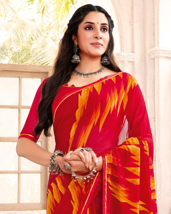 Vishal Prints Cherry Red Printed Georgette Saree With Satin Piping